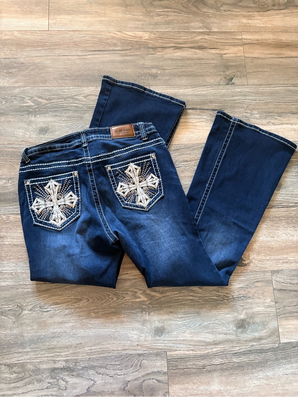 Dark Blue Bootcut Jeans with Embroidered Pockets